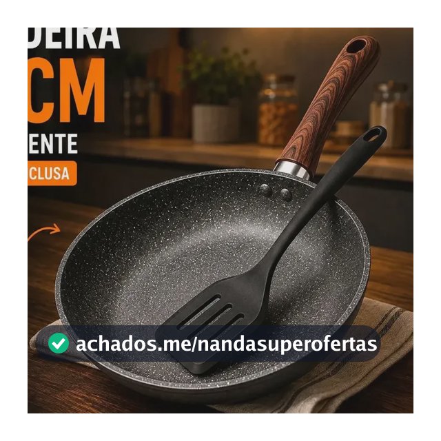 Frigideira Antiaderente Cerâmica Granito 24cm com Espátula Cabo de Madeira Indução Cooktop e Fogão a Gás Não Gruda Sem Óleo Viacruz