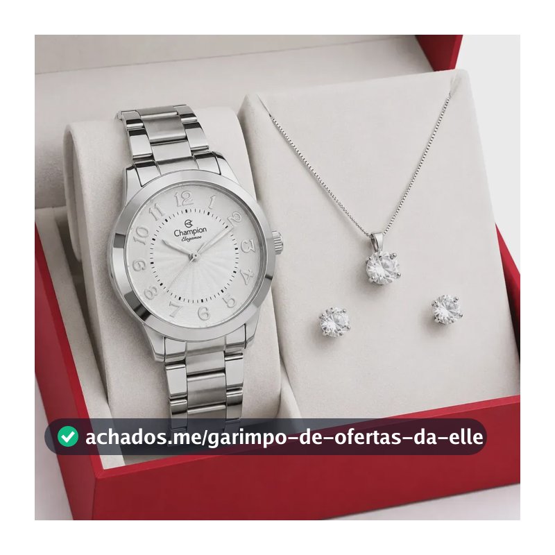 Kit Relógio Feminino Analógico Champion Original Prata CN25118Q Prova D´Agua 50 Metros + Colar E Brincos Presente Perfeito