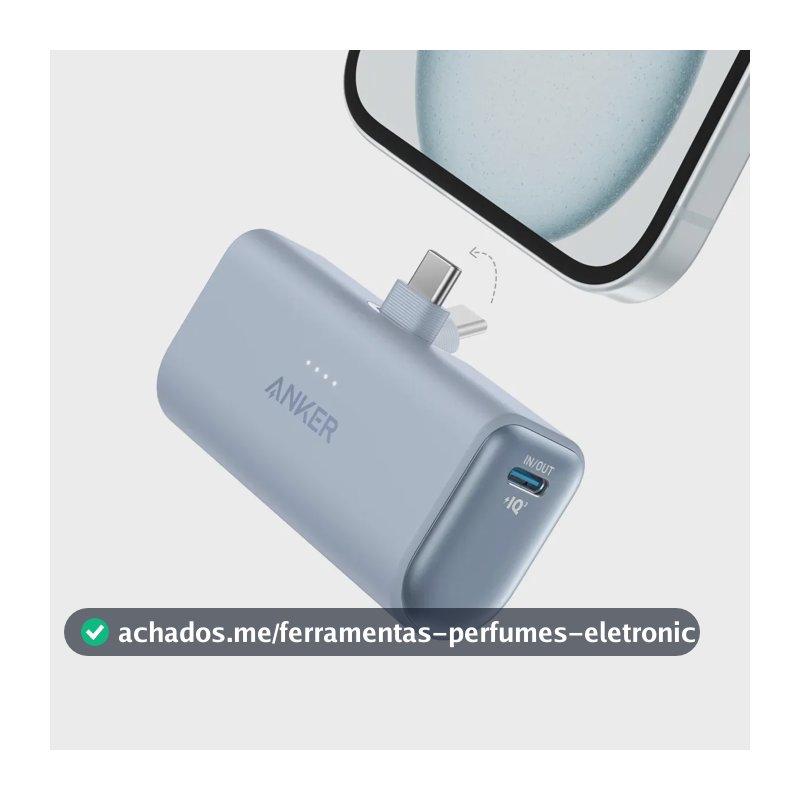 Carregador Portátil Anker Power Bank Pocket 5.000mAh 22.5W Conector USB-C Embutido Dobrável, Carga Turbo PowerIQ 3.0, Com Cabo USB-C 0,6m, iPhone 17/16/15, Samsung Galaxy, Xiaomi, Motorola, Azul