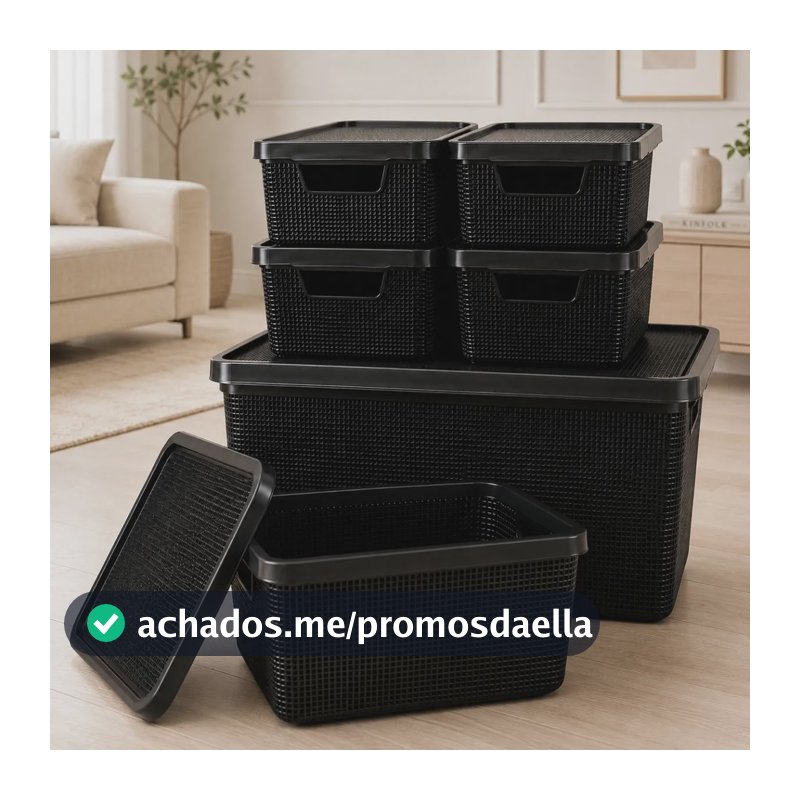 Kit 6 Caixas Organizadoras Cesto Tampa Multiuso 2l 6l 16l Preto Jutta