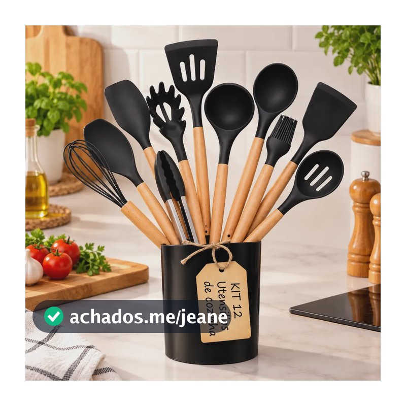 Kit 12 Utensilios Silicone Para Cozinha Panelas Antiaderente Preto