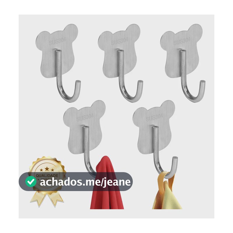 Gancho Adesivo de Parede Kit 5 Unidades Prateado em Aço Inoxidável