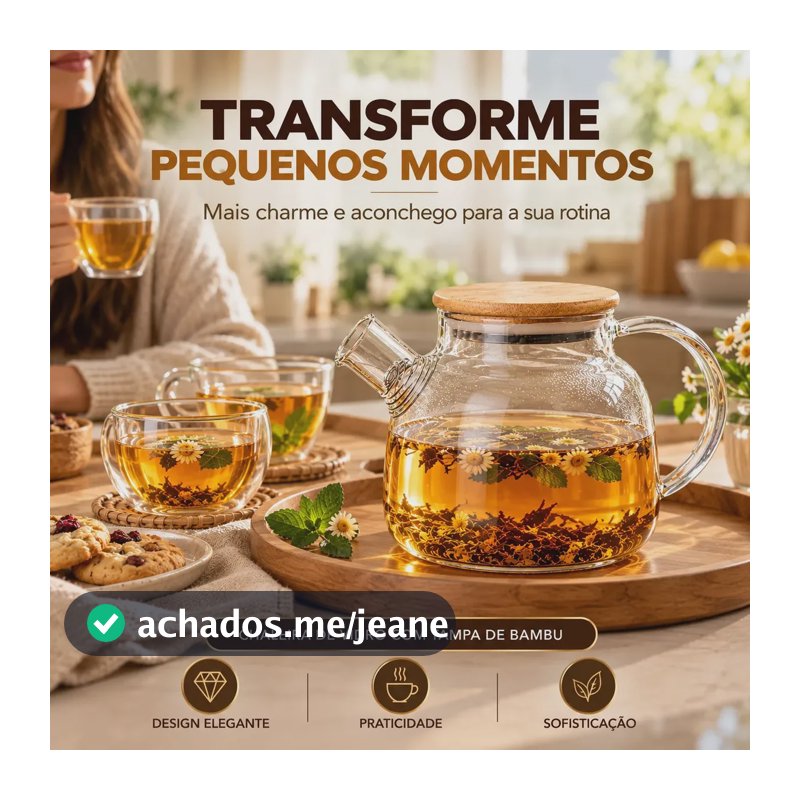 Chaleira de Vidro com Tampa de Bambu e Filtro Espiral para Chá e Infusões, Bule Transparente com Alça e Bico para Servir Bebidas Quentes