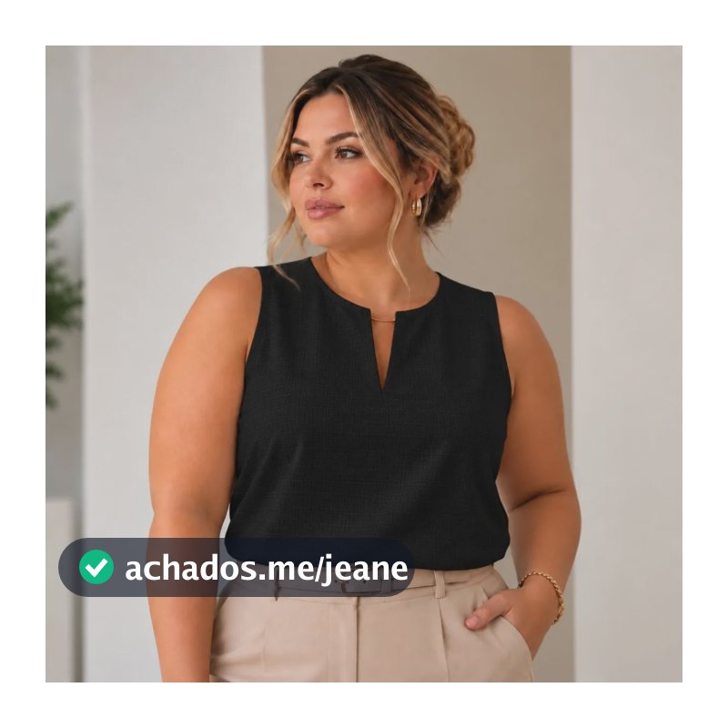 Blusa Regata Gola V Plus Size Elegante Social P010 Preto G2 50-52