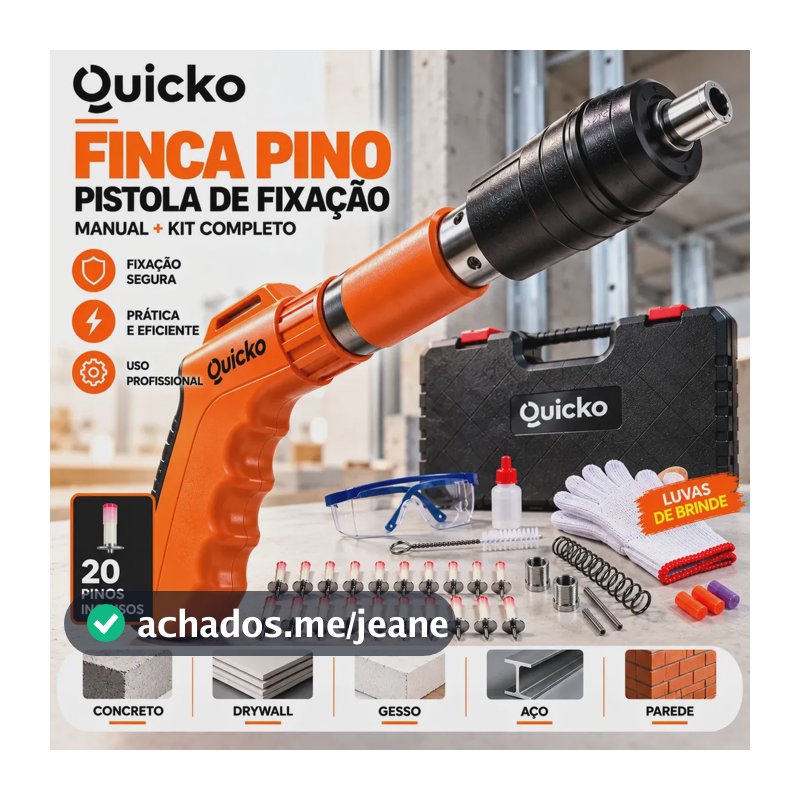 Pistola Finca Pino Fixação Ação Direta Manual Kit 20 Pinos Maleta EPI Pinador Pregador Para Concreto Aço Drywall Gesso Parede Forro PVC Ferramenta De Fixação Pregos Rebites Quicko