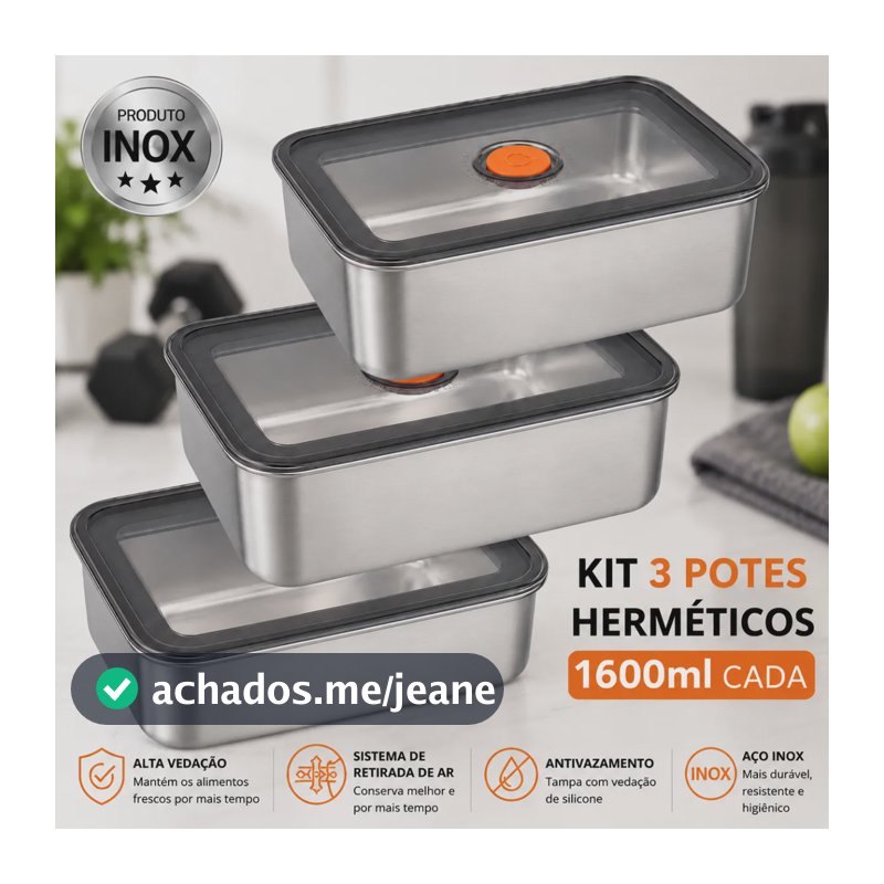 Kit Conjunto 3 Potes Herméticos Inox 1600ml Antivazamento Inox