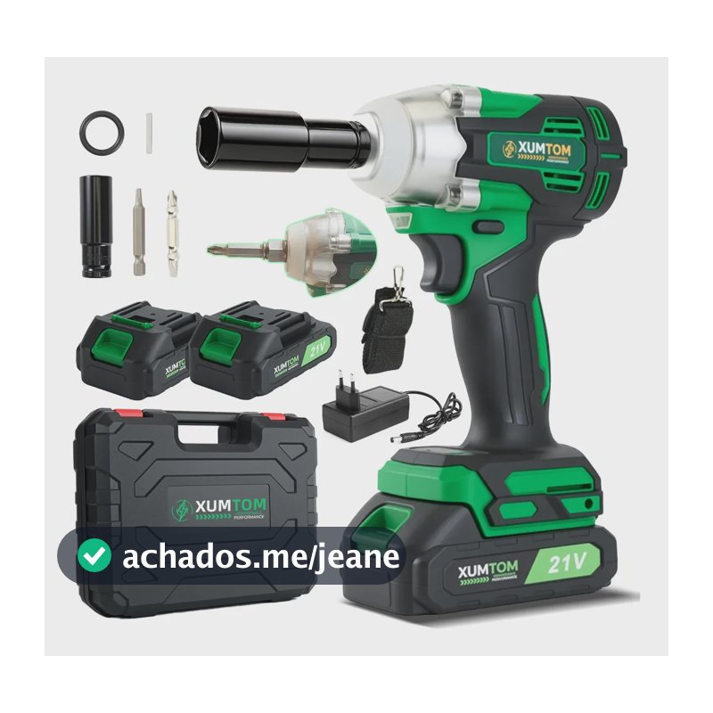 Chave De Impacto Bateria 21v 450nm Sh450 Xumtom 1/2 Pol Parafusadeira Recarregável Sem Escova Com 2 Baterias E Maleta Verde-escuro 127/220v