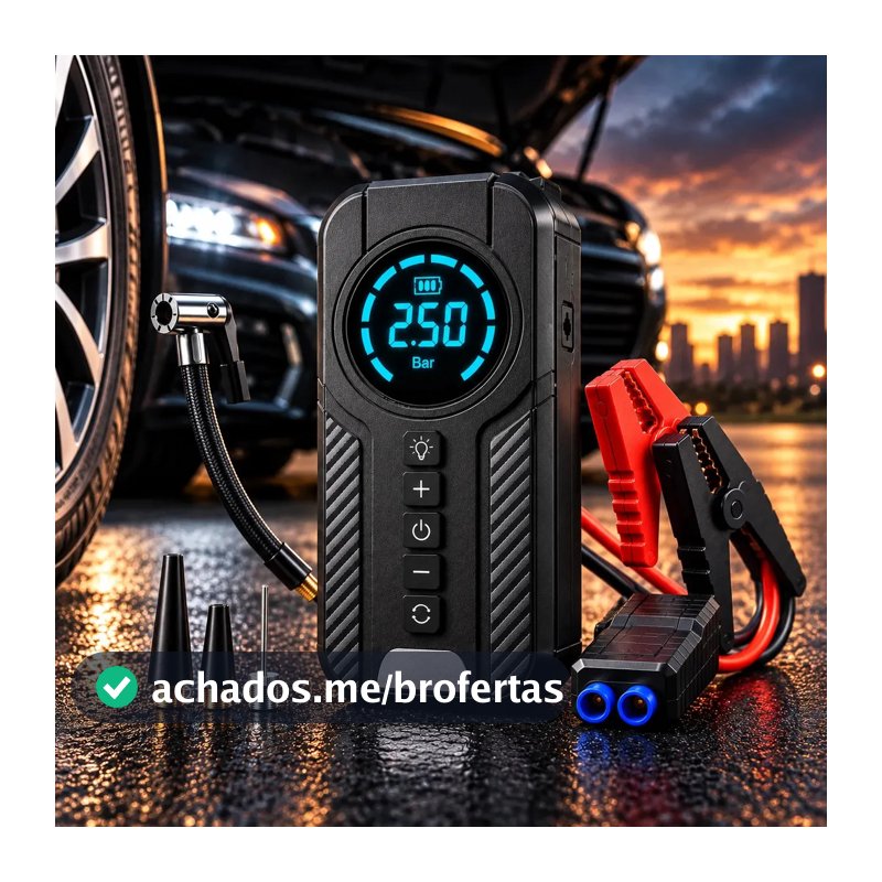 Auxiliar De Partida Bateria Carro Compressor De Ar Portátil 12V 4 funções em 1 Inflador Digital Calibrador Pneu Power Bank Lanterna LED Emergência Automotiva Moto SUV Bicicleta Caminhonete MidiaFone