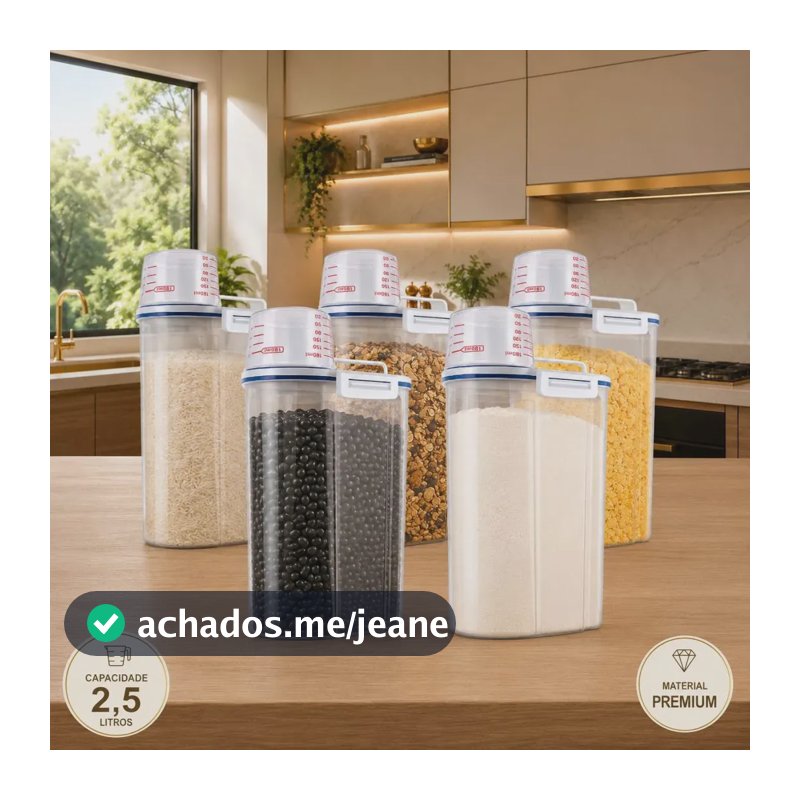 Pack 5 Potes Herméticos de 2.5 Litros para Cereais com Copo Medidor e Bico Dosador