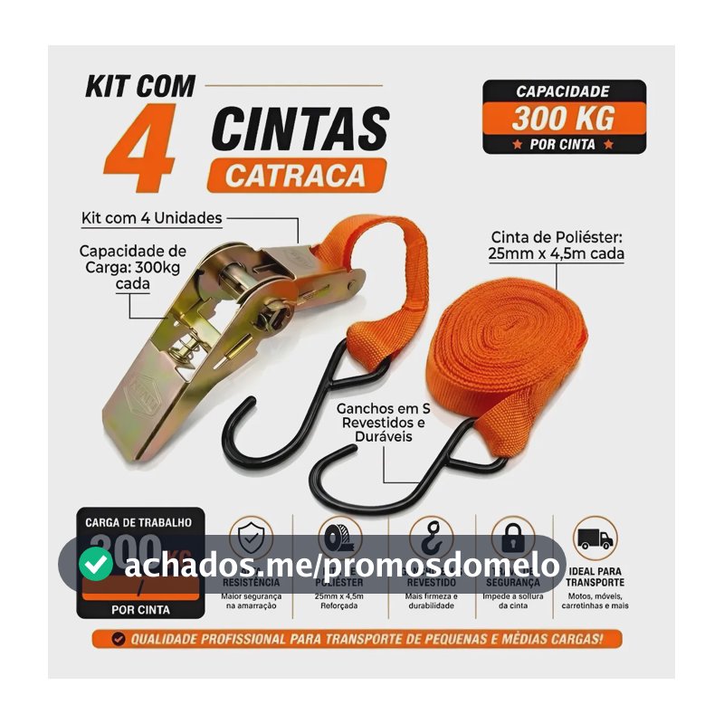 4x Cinta Catraca 300kg Reforçada Amarração Carga 4,5m Gancho Laranja