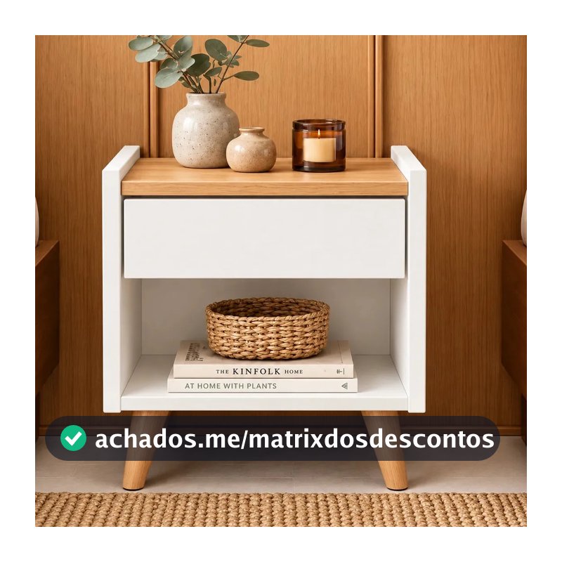 Mesinha de Cabeceira criado com gaveta para quarto de casal ou solteiro na cor Nature Amadeirado Branco Fosco Retro Luxo