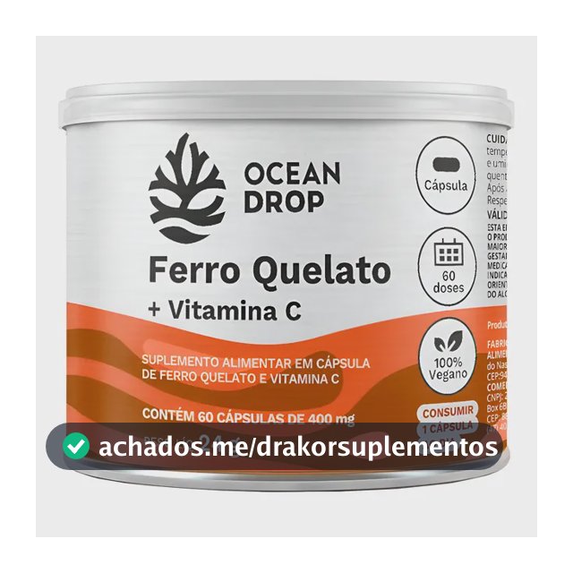 Ferro Quelato + Vitamina C Ocean Drop Bisglicinato Ferroso Ferro Quelato 60 Capsulas