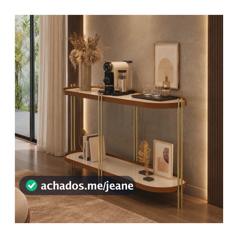 Buffet Aparador Moderno Oval Prateleiras Couro Pés Dourado
