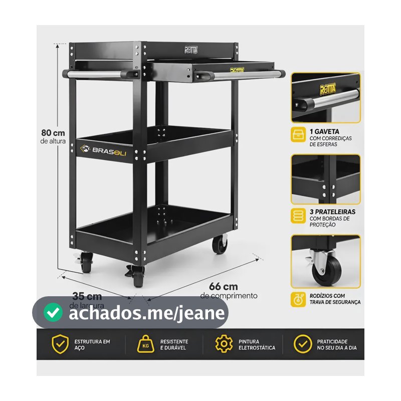 Carrinho Ferramentas 3 Prateleiras 1 Gaveta Mecânico - Rotta Preto