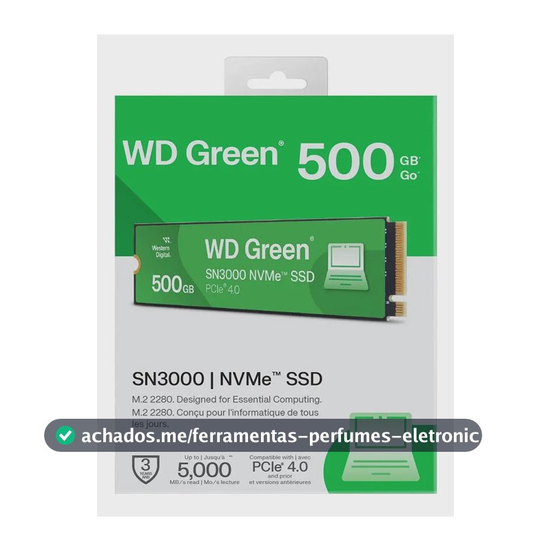 SSD WD Green SN3000, 500GB, M.2 2280, PCIe NVMe, Leitura 5000MB/s, Gravacao 4100MB/s, WDS500G4G0E
