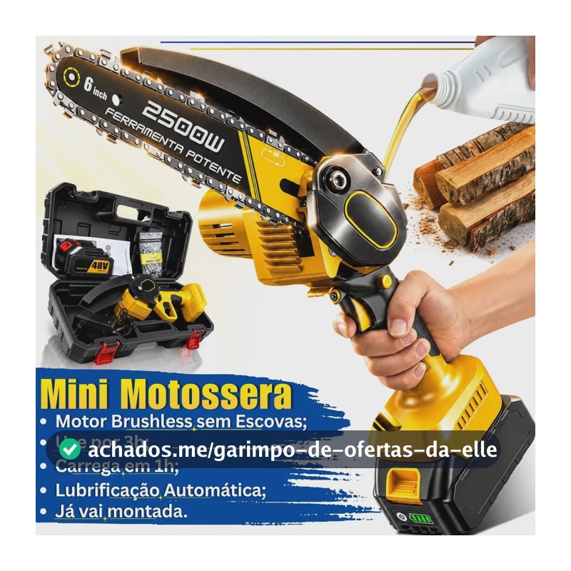Mini Motosserra Elétrica Primordial Portátil 48V com Sabre 6 Pol Motor 2500W + Lubrificação Automática Bateria Maleta para Poda Árvores Jardinagem Corte Galhos Lenha Madeira Marcenaria Profissional