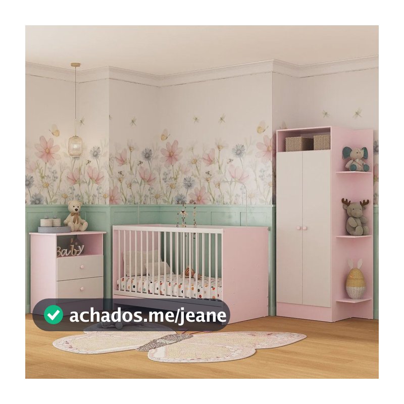 Jogo de Quarto Infantil Trevalla Móveis Pom Pom 3 Peças, Rosa e Branco