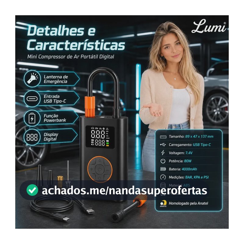 Compressor de Ar Digital Portátil Lumi, Sem Fio, Para Carro e Moto