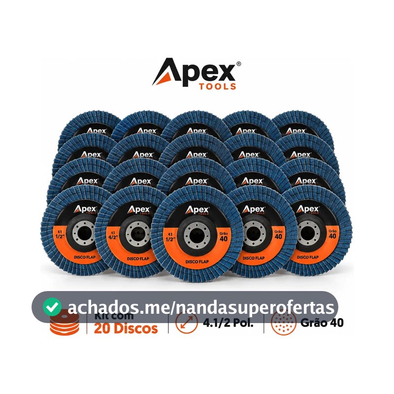 Kit com 20 Discos Flap para Esmerilhadeira de 4.1/2 Pol. Grão 40 Azul da Apex Tools