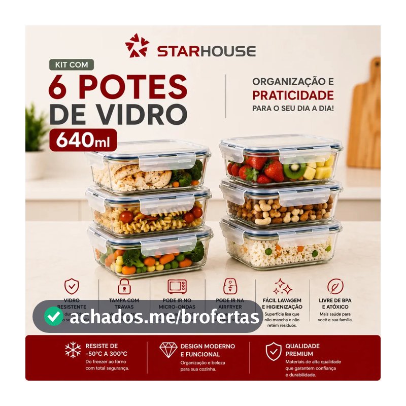 Kit 6 Potes 640ml Vidro Hermético 4 Travas Marmita Refratario Star House com 4 travas de super vedação