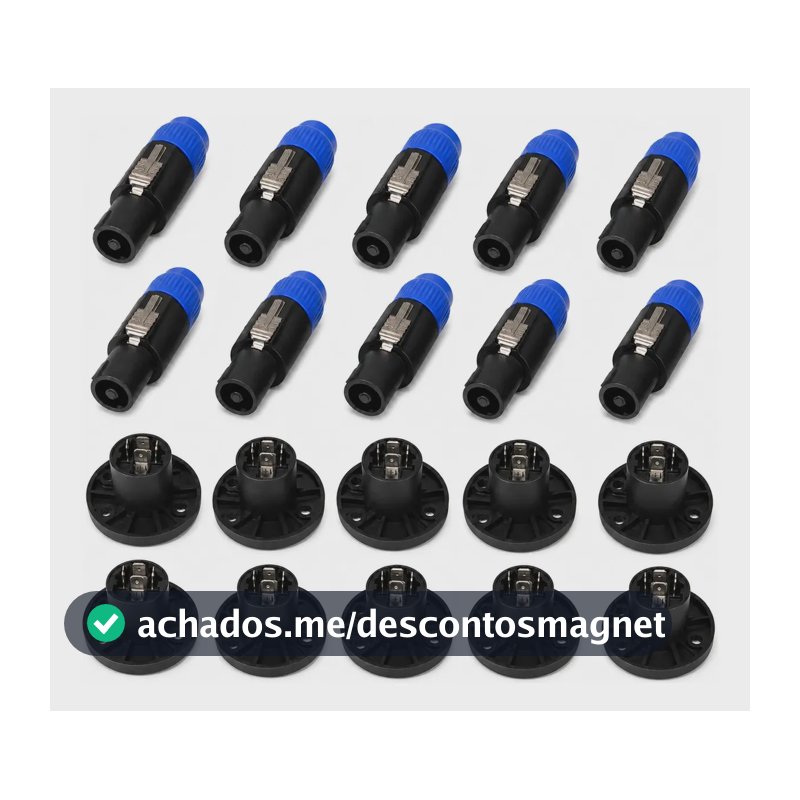 Kit 20 Conector Plug Speakon Macho e Fêmea Bertô 4 Polos, Corpo em Plástico Resistente, Encaixe com Trava Segura, Ideal para Cabo de Caixa de Som e Amplificador Profissional