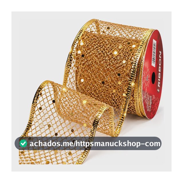 Fita Natal 6,3cmx9,14m Dourada Aramada Telada Glitter Brilho Dourado Tela