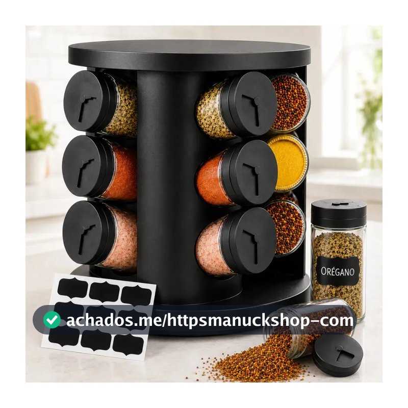 Porta Temperos Condimentos 9 Unidades Potes Vidro Base Giratória Preto Organizador Cozinha Dosador Sólar