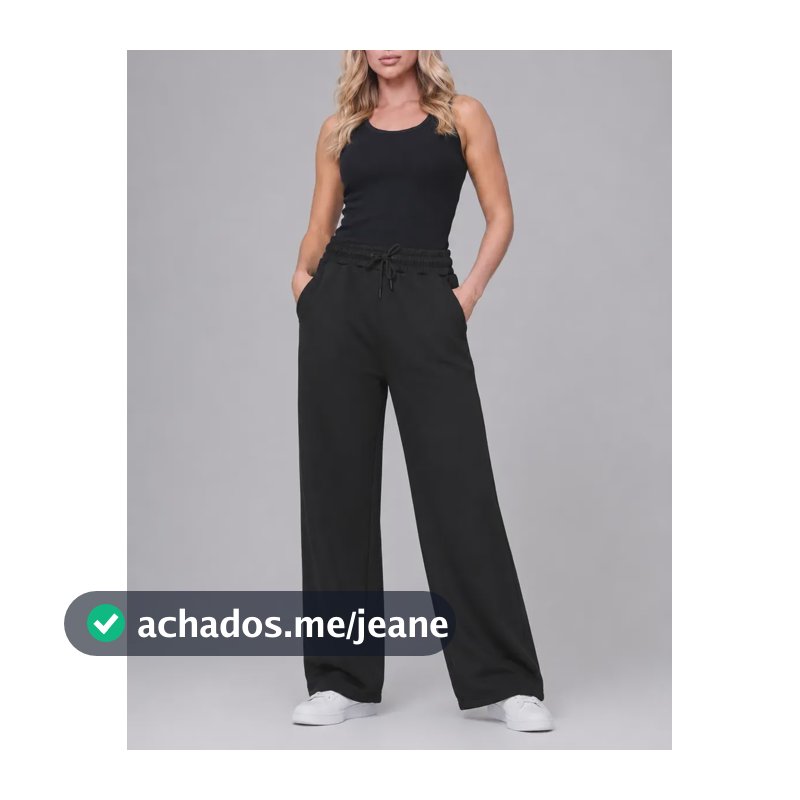 Calça Wide Leg Moletom Cintura Alta Reta Flanelada Casual Preto Liso G ( 42-44 )