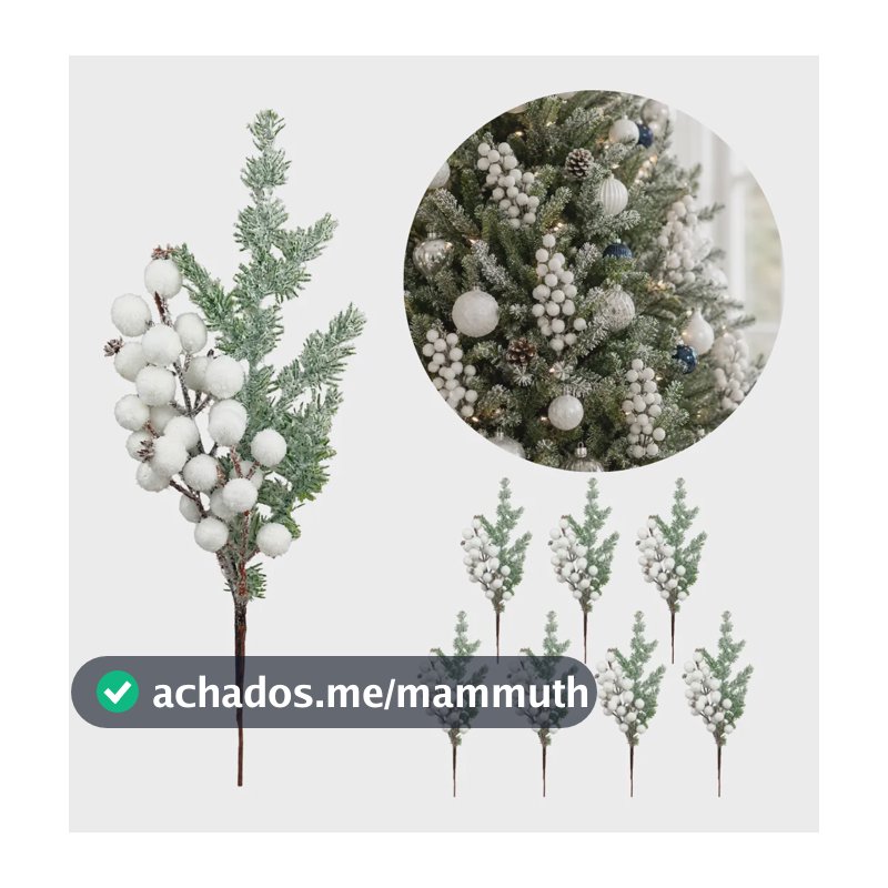 Kit 8 Pick Natalino Galhos Azevinho Pinha Enfeite Decoração Azevinho Branco Flocado 35cm