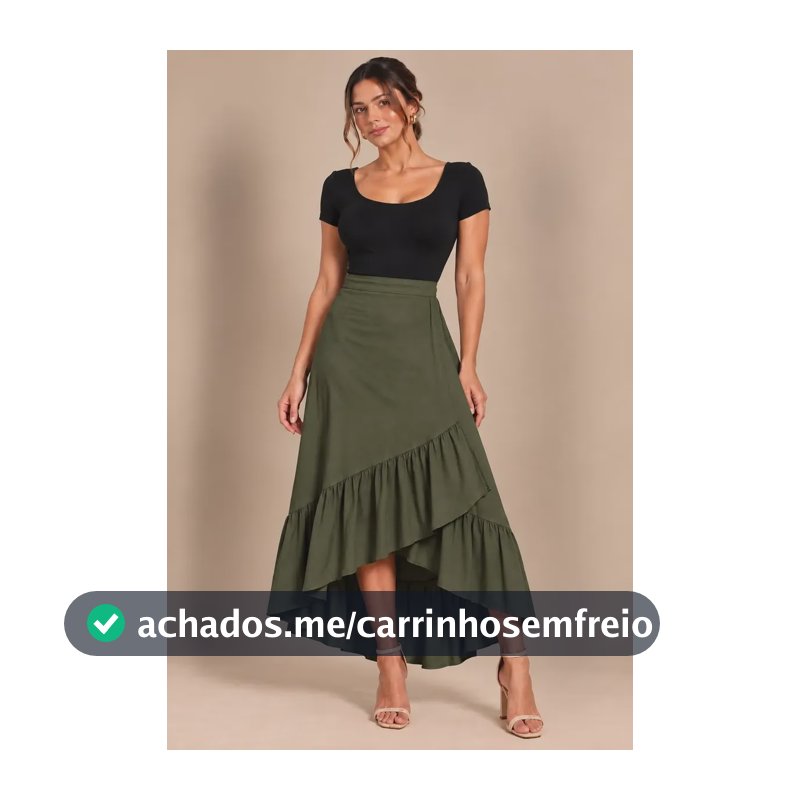 Saia Envelope Traspassada Longa Viscolinho Casual Elegante Verde Militar Unico