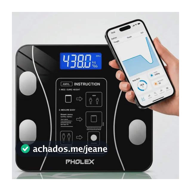 Balança Digital Corporal Bioimpedância Pholex Com Aplicativo Bluetooth Android e iOS Vidro Temperado Alta Capacidade Balança Academia Personal Banheiro Homologada Anatel