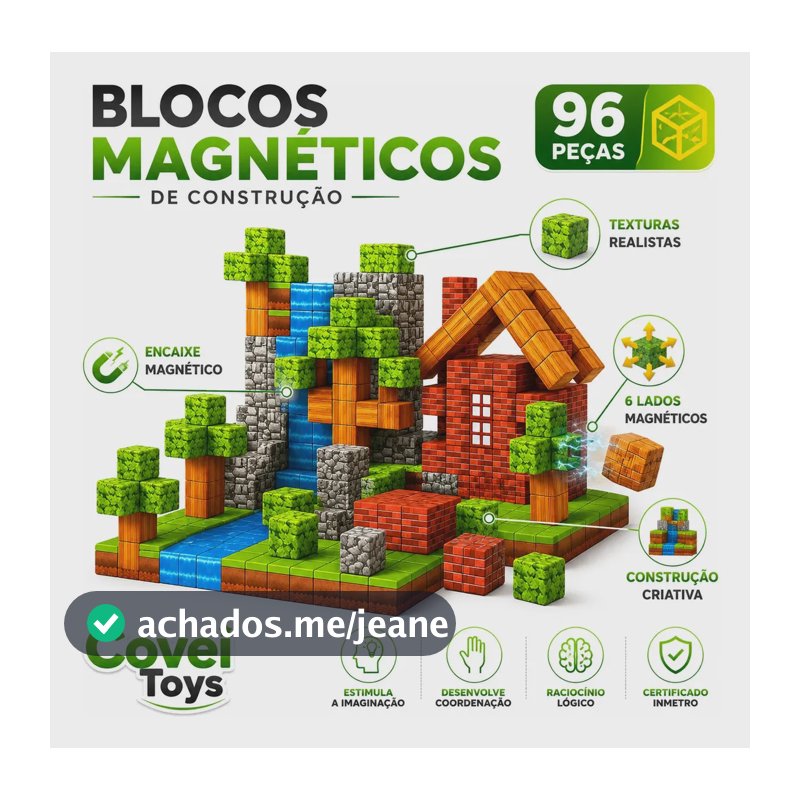 Kit 96 Blocos Magnéticos Construção Imã Montar Empilhamento Cubo Infantil Brinquedo Educativo Covei Toys