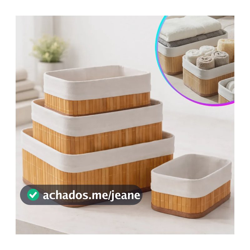 Kit 3 Cestos Bambu Organizador Com Forro Lavável Multiuso Retangular Jogo Vime Sólar Armazenador Guarda Roupa Gaveta Mesas Banheiro