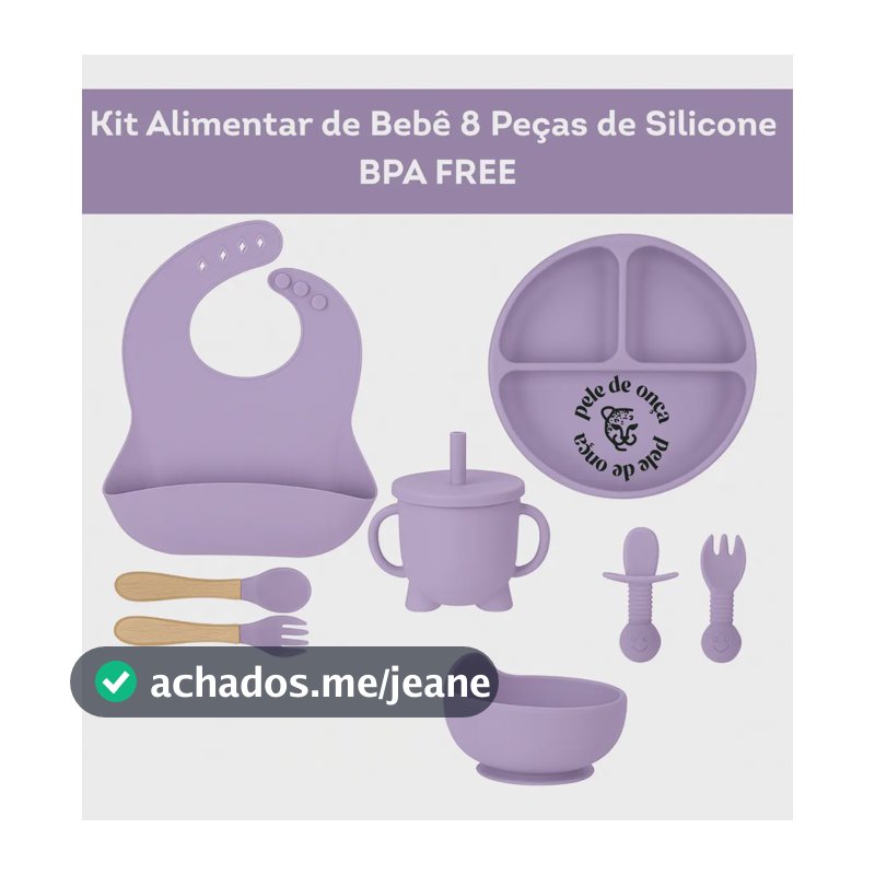 Kit Alimentar Bebê 8 Un Copo Prato Babador Silicone Bpa Free Cor Roxo