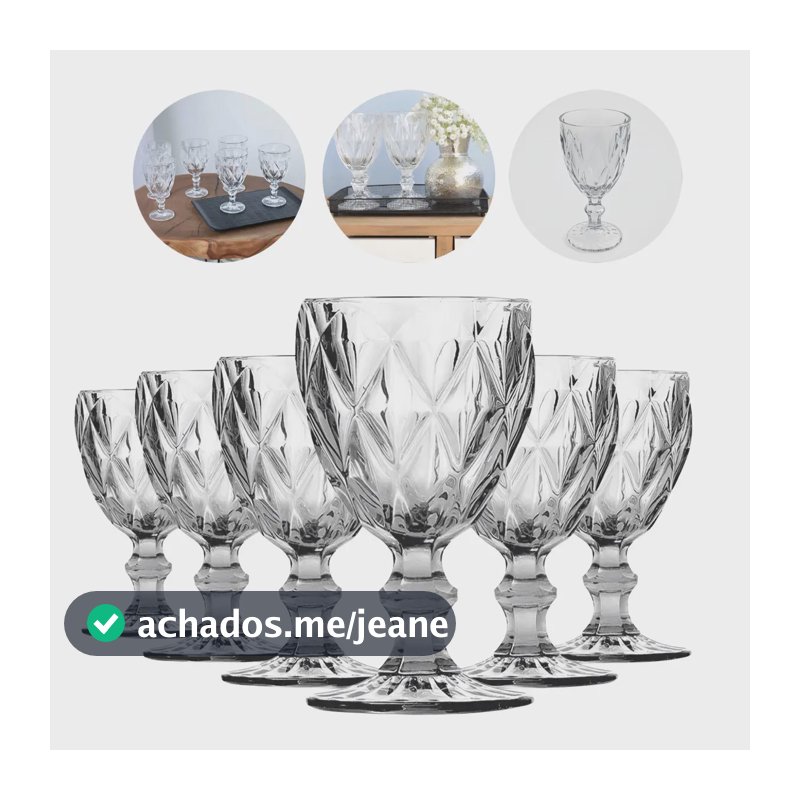Kit com 6 Taças de Vidro Diamond Luxo para Água e Vinho 330 mL