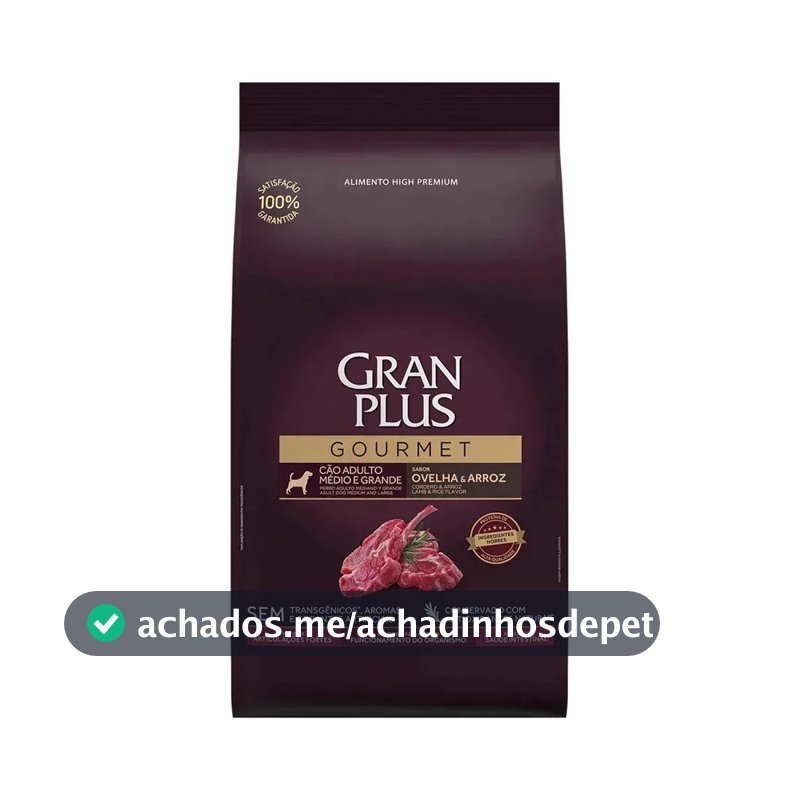 Gran Plus Gourmet Alimento para cão adulto de raça média e grande sabor ovelha e arroz em sacola de 15kg