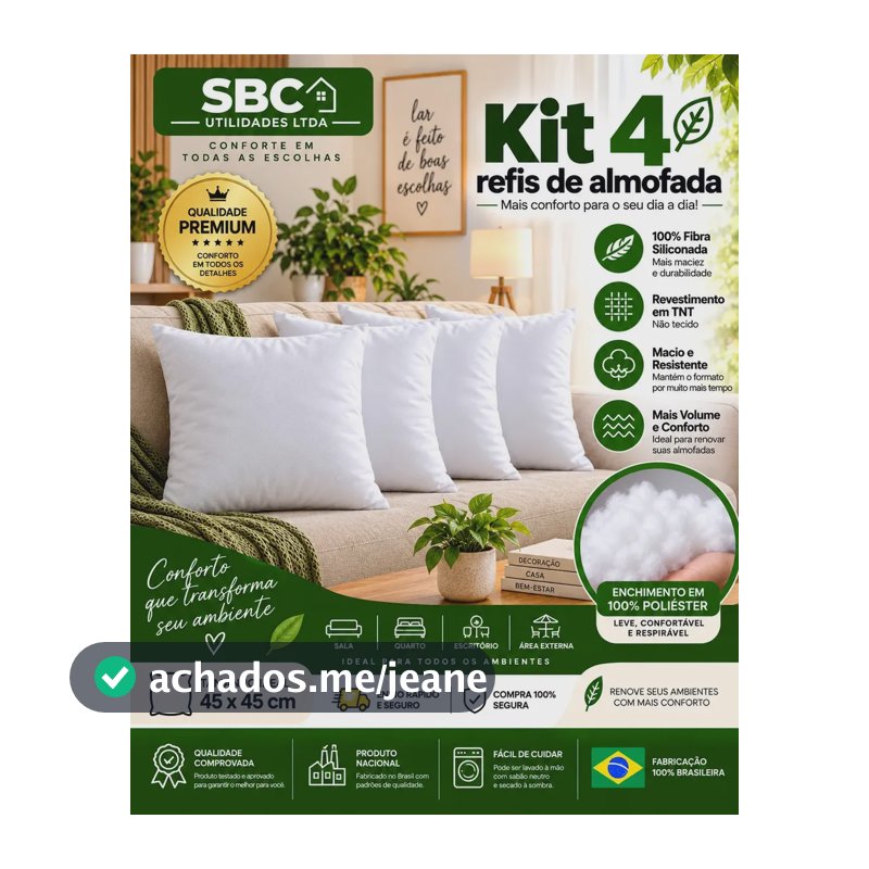 KIT 4 UNIDADES DE ENCHIMENTOS DE ALMOFADA REFIL 45x45cm FIBRA SILICONADA HIPOALERGÊNICA MACIA ANTIÁCARO DECORATIVA E CHEIA SBC UTILIDADES LTDA