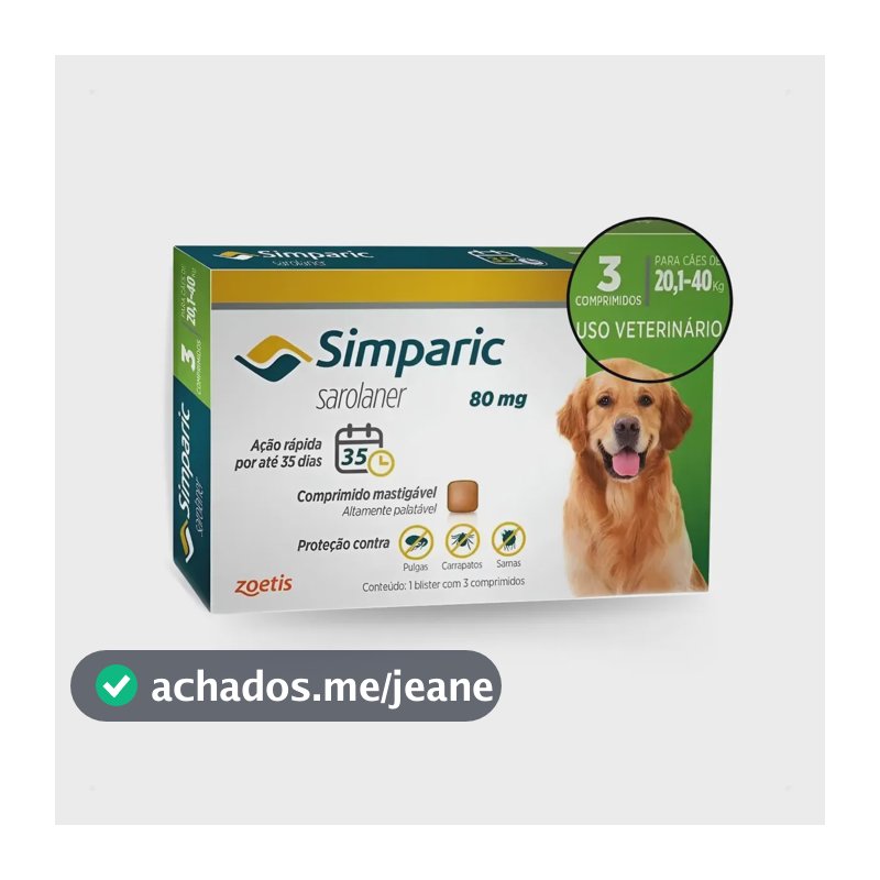 Antipulgas Para Cães Simparic 80mg 20 A 40kg 3 Comprimidos Bege