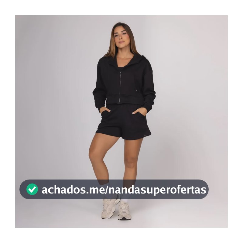 Conjunto Esportivo Casaco Com Capuz Zíper E Short Com Bolsos Preto G