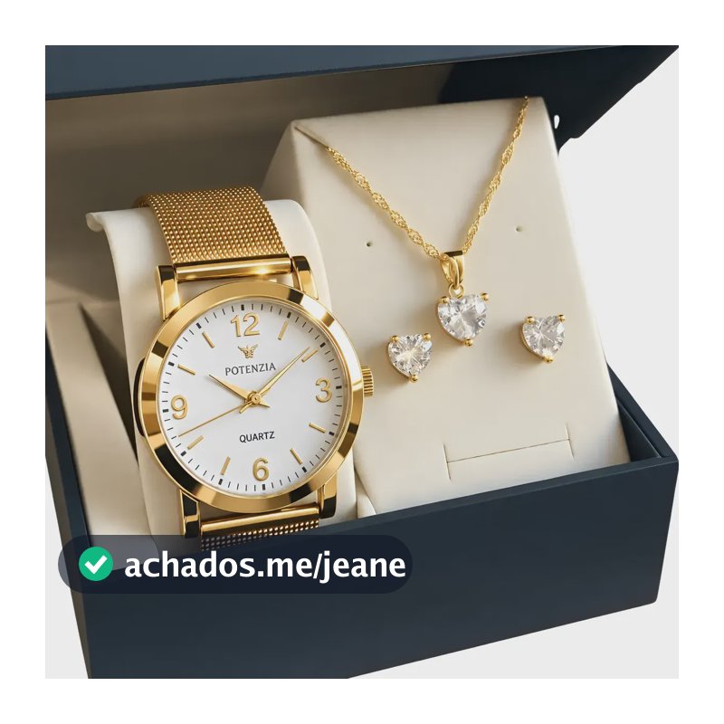 Relógio Feminino Dourado Quartz + Kit Joias Colar E Brincos Dourada Dourado Branco