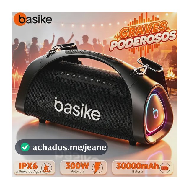 Caixa de Som Bluetooth Basike 300W RMS TWS com Subwoofer e RGB, IP6X à Prova de Poeira e IPX6 à Prova de Água, Bateria 30000mAh (24h), Alça de Transporte, Ideal para Churrasco e Praia