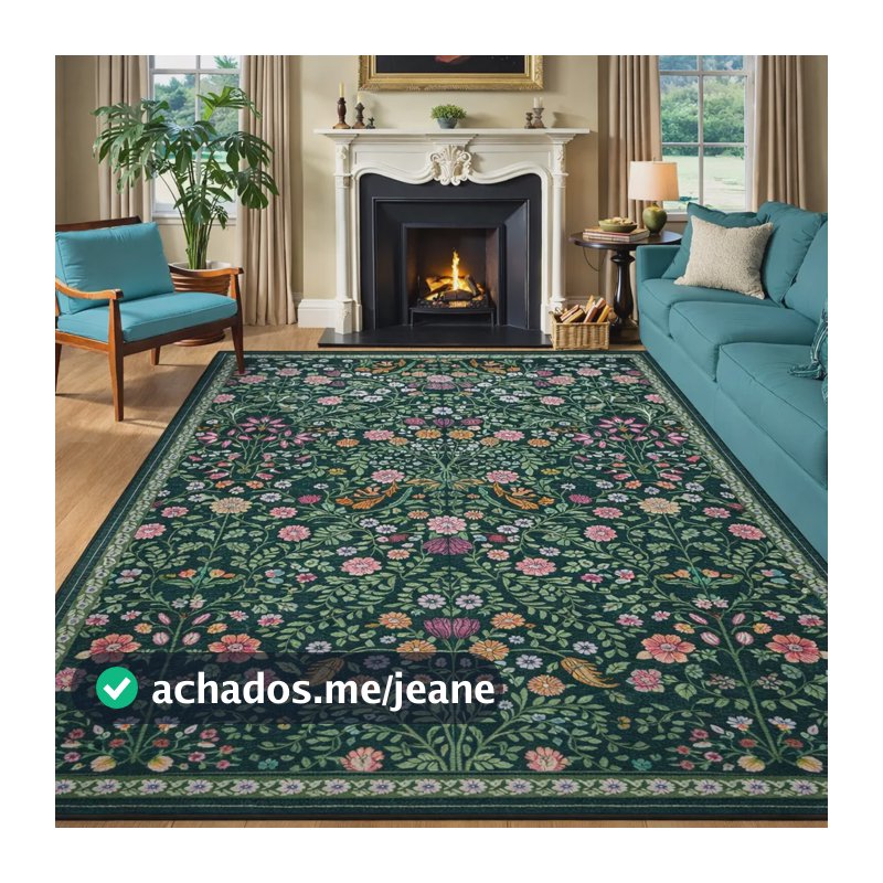 Tapete Sala 1,00x1,40 Quarto Antiderrapante Macio Floral 1 M 1.4 M Floral Verde Escuro