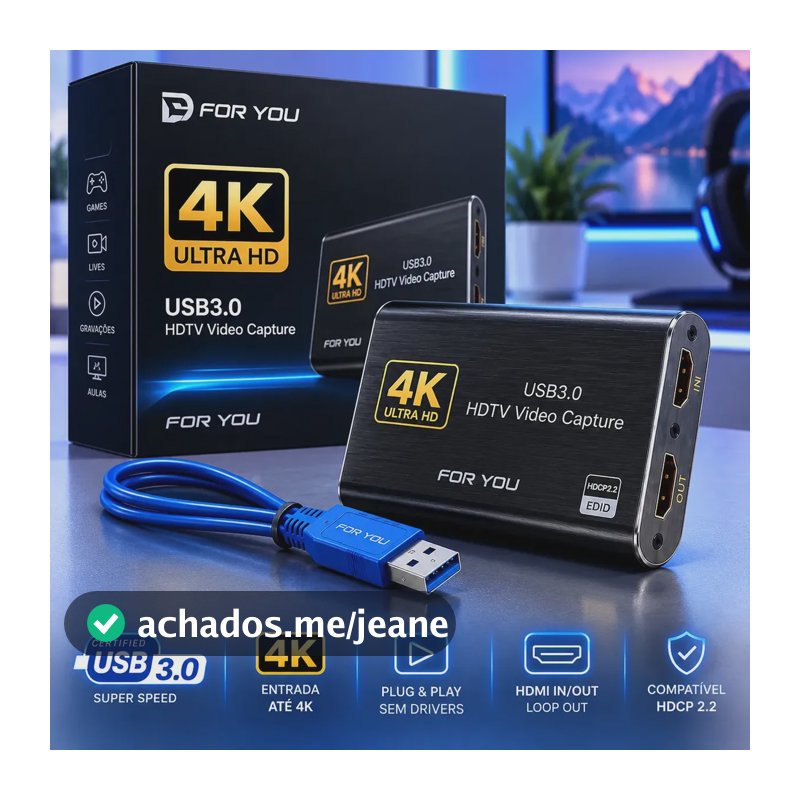 Placa De Captura Externa Usb 3.0 Para Vídeo Hdmi 4k Full Hd Com Áudio Loop Qualidade Premium Cabo Gratis E Chip Inteligente Preto Fosco