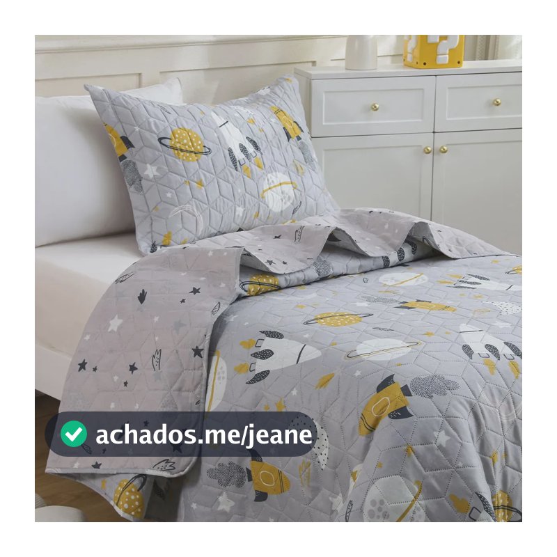 Kit Cobre Leito Colcha Solteiro Infantil 2 Peças Boutis Dupla Face Porta Travesseiro Aba Americana Espaço Cinza