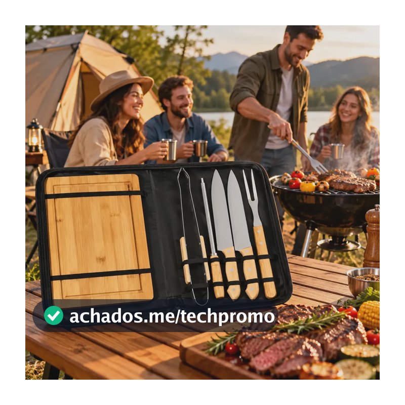 Kit Churrasco 6pçs Inox C/ Tábua Bambu Para Camping E Casa
