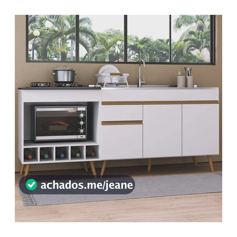 Kit Balcão de Cozinha para Pia e Balcão para Cooktop/Forno 190cm Veneza Multimóveis MP2384 Branco/Dourado