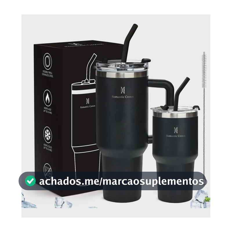 Kit Copo Térmica Inox 1200ml & 600ml Com Tampa E Canudo Preto Cor Pura