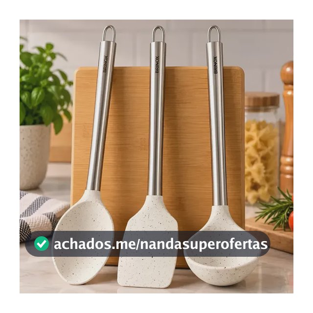 Kit 3 Utensílios Cozinha Silicone Brinox Vanilla Cabo Aço Inox Concha Colher Arroz Espátula Não Risca Panela Antiaderente Ceramic Life