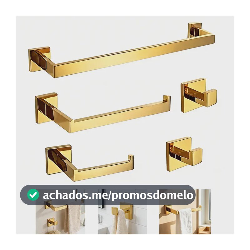 Kit De Acessórios Para Banheiro 5 Peças Hidralia Brilhante Dourad Moderno Cabide, Porta-toalhas,Suporte para rolo