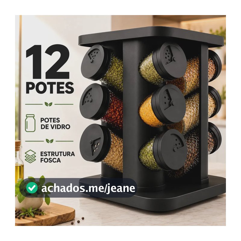 Porta Temperos Condimentos 12 Unidades Potes Vidro Base Giratória Preto Organizador Cozinha Dosador Sólar